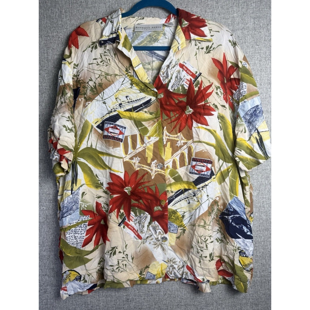 Vintage 90s Kathryn Deene Button Down Hawaiian Floral Travel Shirt‎ Oversize XXL